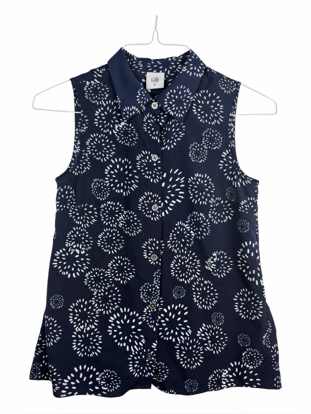 CAbi NWOT “Dandelion Wish” Starburst Navy Blue & White Sleeveless Blouse SZ XS